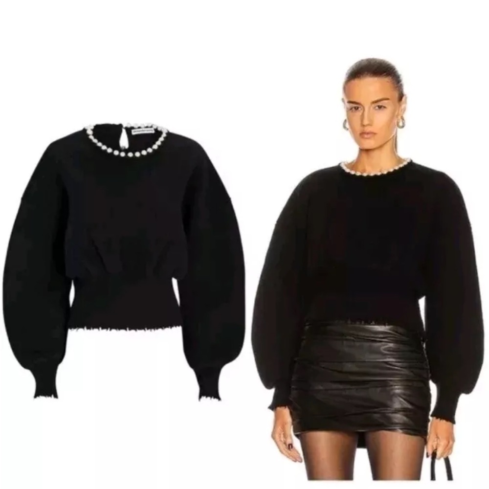 Alexander Wang Black Crewneck Sweater with Pearl Accents
